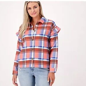 NWT Candace Cameron Bure Ruffle Sleeve Shirt Jacket size xs spring shacket coral